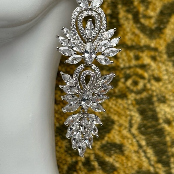 Silver Chandelier Earrings with Crystal Accents Dangle Drop Wedding PAGENT 4134 - Picture 8 of 11